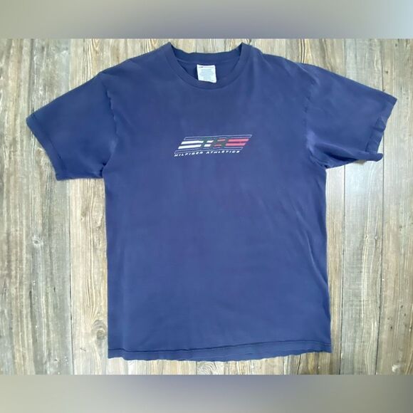 Vintage 90s Tommy Hilfiger T Shirt Mens Large Streetwear Blue Logo - Picture 1 of 8